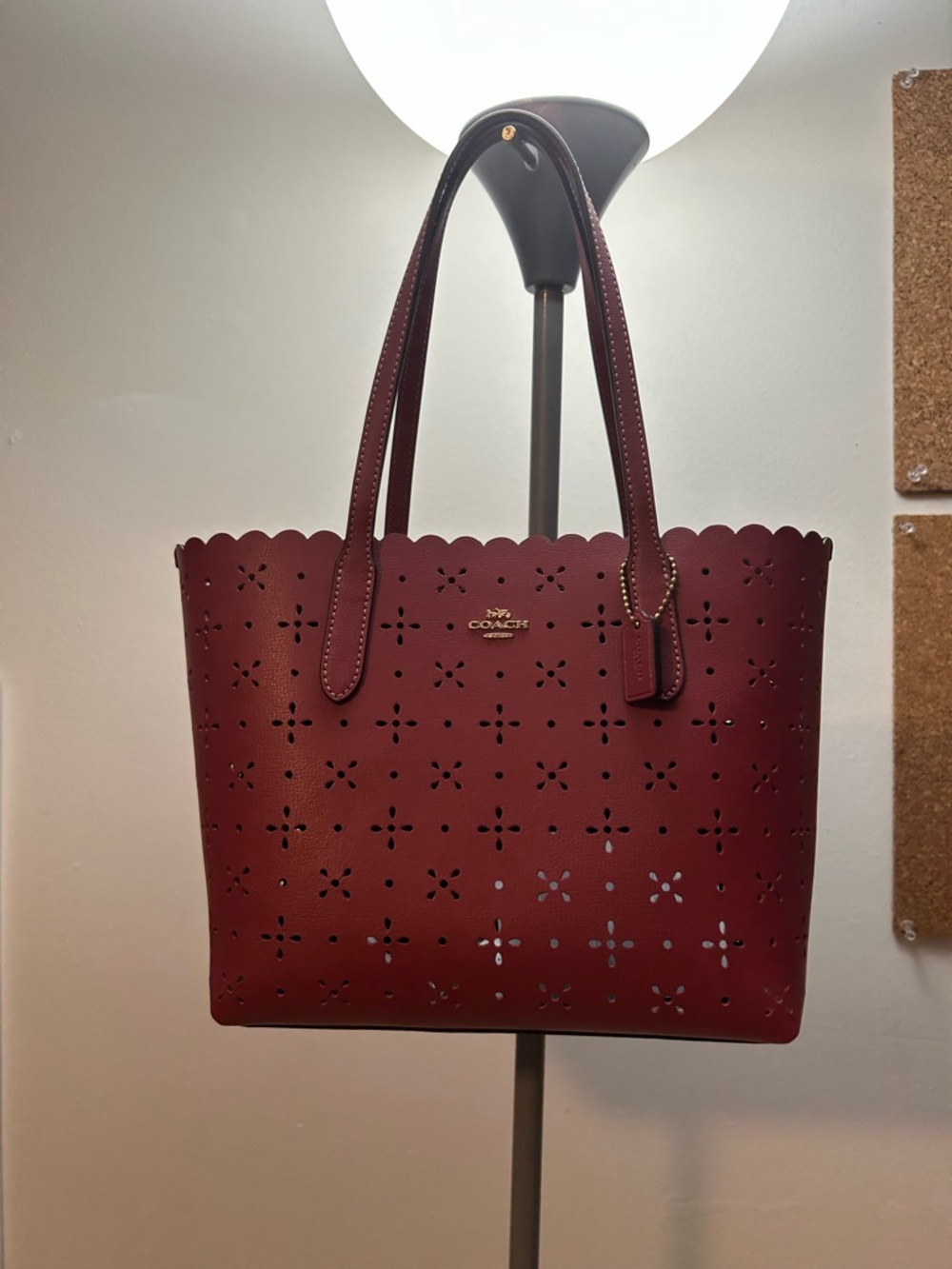 Coach Burgundy Floral Perforated Leather Tote